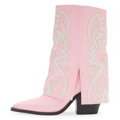 Step into style with these light pink pointed-toe chunky heel fold-over western boots. Their sleek design and comfortable fit make them the perfect addition to any outfit. Color: Pink Heel Type: Chunky heel Heel height: 3.15" / 80 mm approx Product measurements were taken using size 8. Please note that measurements may vary by size. Toe: Pointed toe Western pattern details Embroidery embellishment Handcrafted US sizing. Fits true to size. Pink Platform Boots, Western Boots For Women, Floral Boots, Fall Booties, Azalea Wang, Black Platform Boots, Western Boots Women, Western Booties, Western Boot