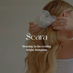 a woman with long blonde hair wearing a white bow in her hair and text reading scara meaning in the evening origins roman