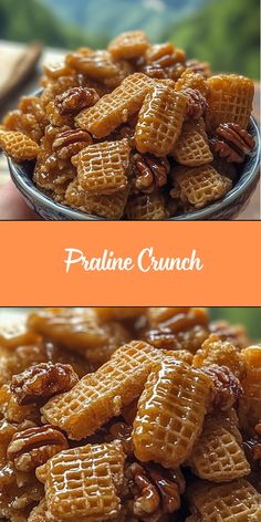 Pralines Crunch Recipe, Crispix Pecan Crunch, Sweet Crispix Mix Recipe, Praline Party Mix Recipe, Chex Mix Praline Crunch, Carmel Pecan Chex Mix Recipes, Snacks Made From Cereal, Praline Pecan Clusters, Easy Dessert Finger Foods For Party