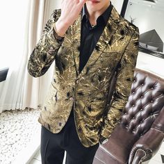 Casual Wedding Suit, Mens Dress Coat, Mens Dress Jackets, Prom Blazers, Silver Blazer, Gold Blazer, Business Casual Blazer, Blazer Pattern, Floral Print Jacket