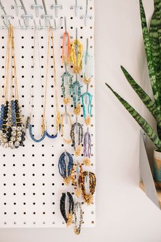 there are many necklaces hanging on the wall next to a potted green plant