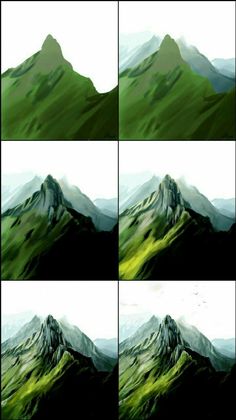 four different views of mountains with green grass