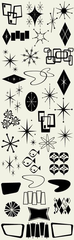 an assortment of black and white designs on a white background with gold dots, lines, and shapes