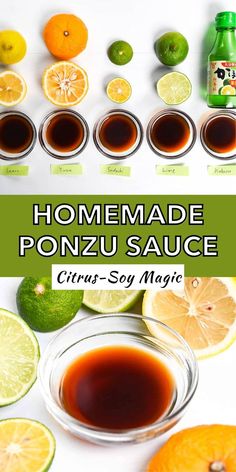 Japanese condiment comparison showing five citrus varieties paired with dark soy-based sauce samples against white background Ponzu Recipe, Ponzu Sauce Recipe, Ponzu Sauce, Japanese Recipes, Japanese Restaurant, How To Make Homemade