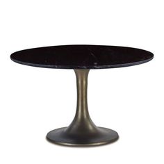 a round table with black marble top and silver metal base, against a white background