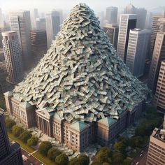 an aerial view of a large building with many stacks of money on it's roof