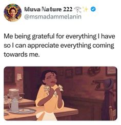 a woman sitting at a table with food in front of her and the caption reads me being grateful for everything i have so i can appreciate everything coming towards me