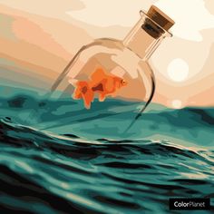 an orange fish in a bottle floating on top of the ocean