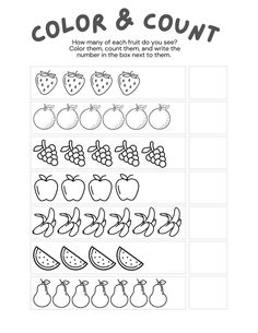 the color and count worksheet for children to practice numbers 1 - 10, including fruits