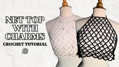 two mannequins with crochet tops on them, one is white and the other is black