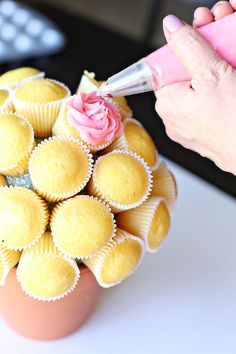 a person is decorating some cupcakes with icing