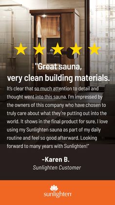 a bathroom with five stars on it and the words great sauna, very clean building materials