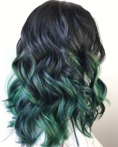 Forest Green Hair, Black Ombre Hair, Black Hair Ombre, Dark Green Hair, Caramel Highlights, Natural Wavy Hair, Black Ombre, Hair Makeover