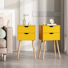 PRICES MAY VARY. 🍃【Two-Drawer Nightstand Set】: Boasting neat edge and cylindrical slanted table legs, this side table offers a simple, streamlined style. The bedside table has a multitude of uses, it is ideal to be used as a sofa table, nightstand, end table, corner table, etc. The understated modern style allows it to blend in seamlessly with any interior decor styles. 🍃【Stable&Durable Construction】: The bedside table is made from eco-friendly solid wood and melamine faced board which can be Night Stand With Drawers, Yellow Nightstand, Side Table For Bedroom, Unique Nightstand, Table For Bedroom, Quality Bedroom Furniture, Mid Century Nightstand, Warm Color Schemes, Style Nightstand