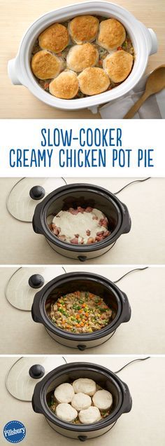 the instructions for how to make slow - cooker creamy chicken pot pies are shown