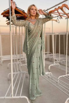 Shop for these amazing collections of Green Georgette Pastel Sequin Embellished Pre-draped Saree Jacket Set For Women by Archana Kochhar online at Aza Fashions. Jacket Saree Style, Drape Saree With Jacket, Jacket Blouse Saree, Saree With Jacket Style, Half Jacket Outfits Women, Sari With Jacket, Jacket With Saree, Jacket Style Saree