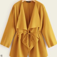 Women's Plus Size Waterfall Collar Belted Duster Coat Polyester Fabric (95%Polyester 5%Elastane) Long Sleeved Waterfall Neckline Short Length There Is Slight Stretch But Fit To Size (Mustard Yellow) In Color(Measurement Are(5xl Pit To Pit 28-1/2", Pit To Bottom 18", Top To Bottom 28") All Brand New Never Worn Reposhing This Item I Purchased From @Gabriel2019w. Loved It, But Ready To Rotate For Something New. Waterfall Blazer, Plus Size Street Style, Plus Size Peplum, Burberry Coat, Cute Coats, Types Of Coats, Peplum Jacket, Plus Size Coats, Pink Coat