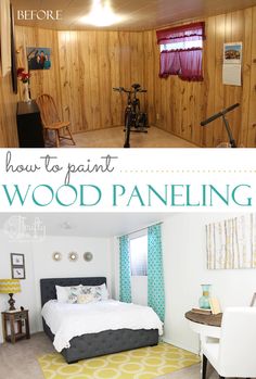 the before and after photos show how to paint a wood paneling wall in a bedroom