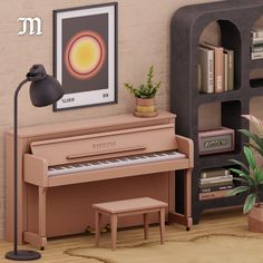 a living room with a piano, bookshelf and potted plant in it