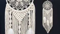 two white macrame dream catchers hanging on a wall