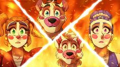 three cartoon dogs with different facial expressions in front of a blazing background, one has green eyes and the other has pink nose