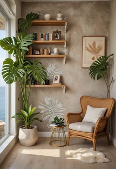 a living room filled with lots of plants next to a window and bookshelf