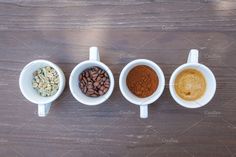 four coffee cups Drink Photo, Coffee Espresso, Coffee Beans, A Food, Espresso, Coffee Cups, Grain, Coffee, Tableware