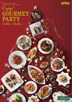 an advertisement for gourmet party with food on plates and silverware in the shape of a christmas tree