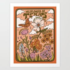 an orange poster with flowers and butterflies in the background, says wildflowers of texas