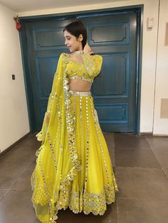 Lime Green Mirror Lehenga Set Green Mirror Work Lehenga, Mirror Lehenga, Sharara Saree, Organza Lehenga, Sharara Suits