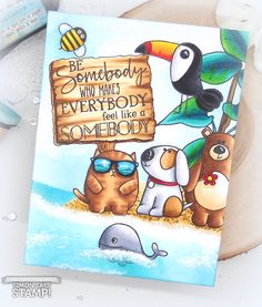 a card with animals and a sign that says somebody loves him every body is somebody