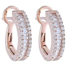 Diamond Carat Weight: These exquisite Hoops and Huggies Earrings are adorned with a total of 0.43 carats of diamonds. The earrings feature 52 round-cut diamonds and 26 baguette-cut diamonds, each selected for their brilliance and quality. Gold Type: Crafted with precision in 14K rose gold, these earrings combine the classic elegance of rose gold with durability. Setting Style: The round diamonds are meticulously set in the gold using T.C. Micro settings, which secure the individual diamonds whil Baguette Cut Diamond, Diamond Carat, Everyday Accessories, Baguette Cut, Baguette Diamond, Gold Hoops, Huggies Earrings, Round Cut Diamond, Classic Elegance