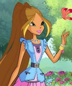 a cartoon girl with long hair holding a butterfly