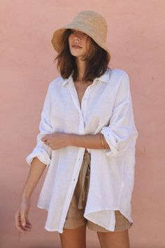 The ultimate oversized white linen shirt, a crisp and fresh look for any occasion 
The Palma Shirt is the ultimate oversized long sleeve linen shirt, with beautiful mother of pearl buttons. Made from a breathable linen fabric and loose fit, the Palma Shirt is the ultimate beach cover up or casual button down top to be paired perfectly with linen pants or shorts
Fabric Note // Made in Italy from 100% Linen White Linen Shirt Outfit, Linen Shirt Outfit Women, Linen Shirt Outfit, Long Sleeve Linen Shirt, Oversized Shirt Outfit, Oversized Linen Shirt, Oversized White Shirt, White Shirt Outfits, Linen Shirts Women