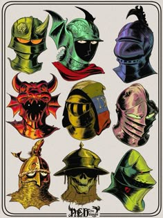 several different types of helmets are shown in this drawing style, including one with horns and two