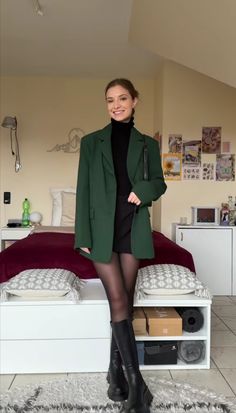 Green Dress Boots, Dark Green Business Outfit, Green Blazer Outfits For Women Winter, Green Dress Office Outfit, Fall Green Outfits Women, Green Slip Dress Outfit Winter, Green Outfit Formal, Green Classy Outfit, Finance Outfits Women