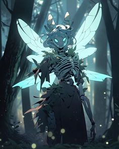 a skeleton fairy standing in the middle of a forest with wings on her head and chest