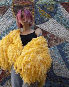 "Beautiful shaggy jacket made of vegan friendly yarn. Color combo of lemon yellow, bright yellow, pastel yellow. Materials: acrylic Measurements for size S/M: Length: 21\" = 53 cm Width: 23\" = 58 cm Measurements for size L/XL: Length: 24\" = 60 cm Width: 27\" = 68 cm Measures of Model in the photo Size: S-M Chest: 32\" - 82 cm Weist: 24\" - 62 сm Hip: 34\" - 88 cm Height: 66\" - 170 cm CARE INSTRUCTIONS: DRY CLEAN is the best way. KEEP FLAT only. Do not hang! You can message me and get some add Crochet Shaggy Jacket, Shaggy Sweaters, Shag Coat, Shaggy Cardigan, Shaggy Sweater, Fringe Coat, Everday Style, Fancy Gown, Shaggy Jacket