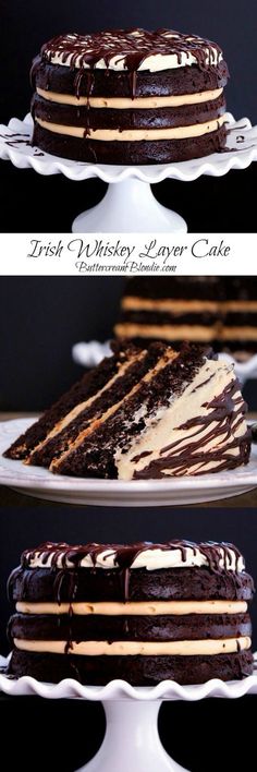 three different layers of cake with chocolate frosting