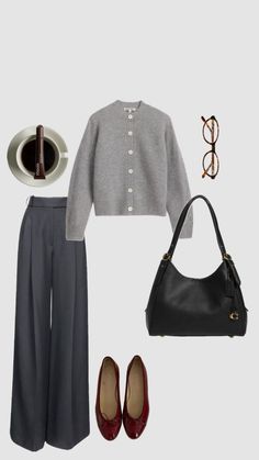 a woman's outfit and accessories including shoes, purse, cardigan sweater, sunglasses and handbag