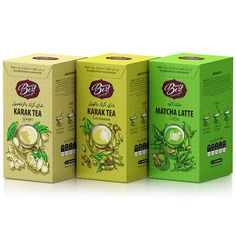 three boxes with different flavors of matcha latte on the front and one in the back