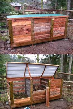 two pictures of an outdoor toilet made out of pallets and wooden planks, one showing the outside