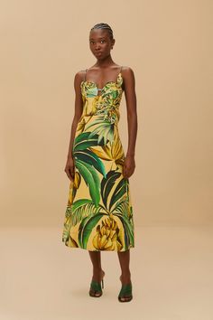 Yellow Bananart 3D Bodice Midi Dress Cruise Collection, Tropical Escape, Midi Length Dress, Key West, Tropical Print, Yellow Flowers, Midi Length, Jumpsuit Dress