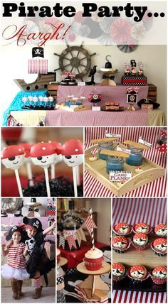 a pirate party with cupcakes, cake and decorations