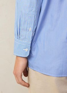 - Shirt in 100% cotton poplin fabric. - Regular fit.  - Long sleeves.  - Button-down collar. - Stripe print in various shades and thicknesses.  - Patch pocket on the chest.  - Façonnable logo label on front pocket.  - Rounded two-button cuff. Cotton Poplin Fabric, Logo Label, Poplin Shirt, Button Down Collar, New T, Poplin Fabric, Shorts With Pockets, Stripe Print, Cotton Poplin