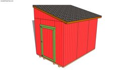 a red shed with a black roof and green trim on the top is standing in front of a white background