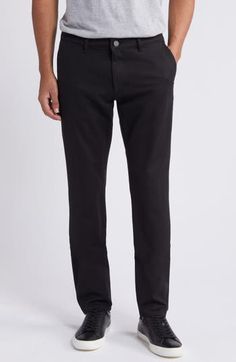 Slim and streamlined from thigh to hem, these smart-casual pants are cut from stretchy, breathable twill that looks great at work or on the weekend. 32" inseam; 14 1/2" leg opening; 10" front rise Zip fly with button closure Front slant pockets; back welt pockets 56% cotton, 40% viscose, 4% Lycra® spandex Machine wash, line dry Imported Black Slim Fit Elastane Pants, Black Slim Fit Work Pants For Business Casual, Business Casual Slim Fit Elastane Bottoms, Slim Fit Straight Leg Elastane Dress Pants, Slim Fit Elastane Dress Pants With Straight Leg, Black Slim Fit Straight Leg Chinos, Black Elastane Business Pants, Classic Black Elastane Bottoms, Business Casual Stretch Straight Jeans