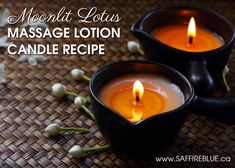 two candles sitting on top of a table next to each other with the words moonlit lotus massage lotion candle recipe