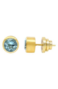 The simple but stylish stones on these 22-karat gold-plated studs take any outfit from nice to knockout in a flash. 3/8" diameter Post back 22k-gold plate/crystal quartz, prasiolite (green amethyst), moonstone, blue topaz or labradorite Made in Canada | Dean Davidson Signature Midi Knockout Stud Earrings Modern Gold Earrings With Bezel Setting, Modern Yellow Gold Birthstone Earrings, Gold Earrings With Round Birthstone, Gold Earrings With Birthstone, Gold Birthstone Earrings With Round Stone, Diy Kits Gift, Green Amethyst, Keep Jewelry, Crystal Quartz