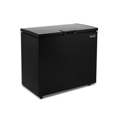 a black chest freezer sitting on top of a white background